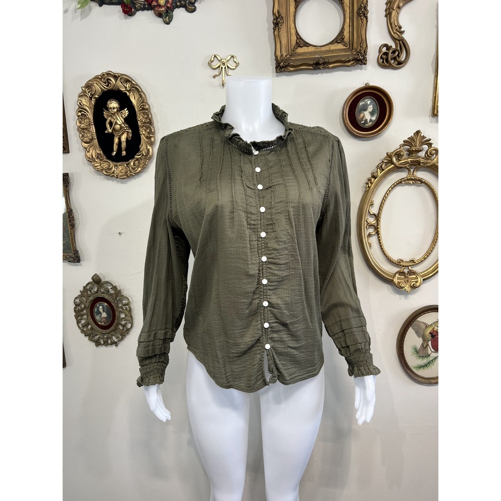 Quince Olive Green Ruffle Button-Down Top Size L